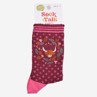 Highland Cow Floral Wreath Bamboo Socks in Burgundy