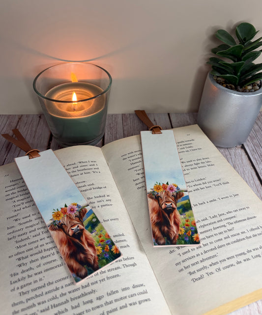 Highland cow flower crown bookmark
