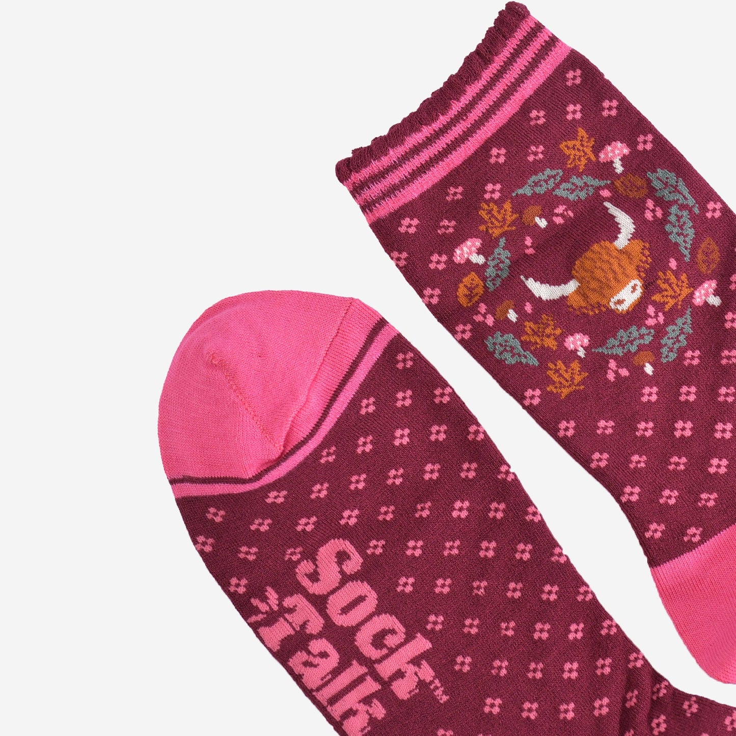 Highland Cow Floral Wreath Bamboo Socks in Burgundy
