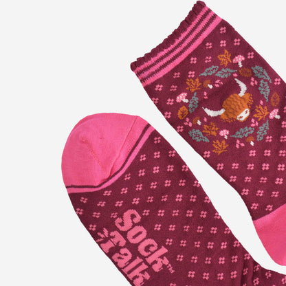 Highland Cow Floral Wreath Bamboo Socks in Burgundy