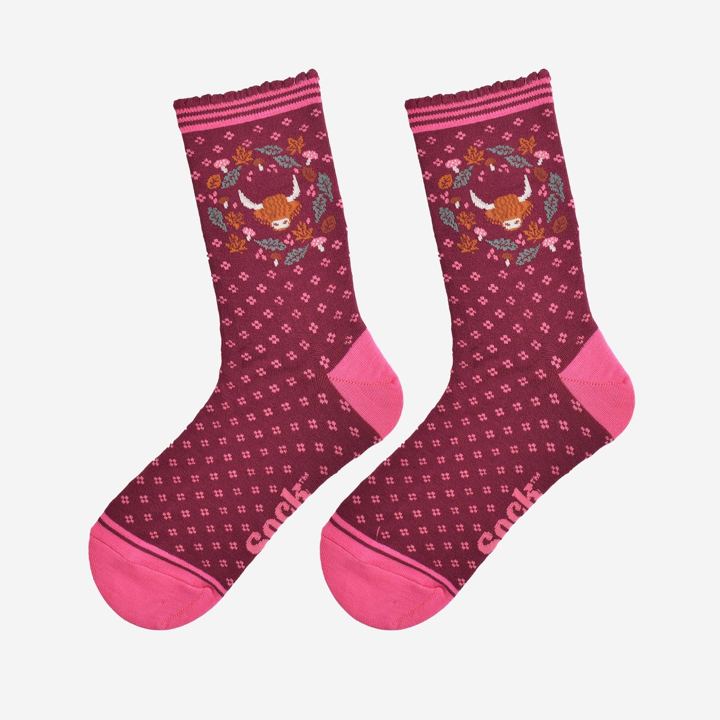 Highland Cow Floral Wreath Bamboo Socks in Burgundy