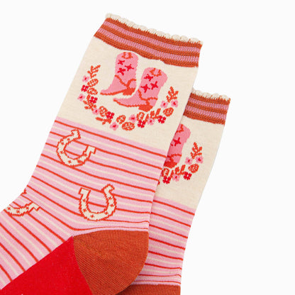 Cowboy Boot Stripe Bamboo Socks in Pink